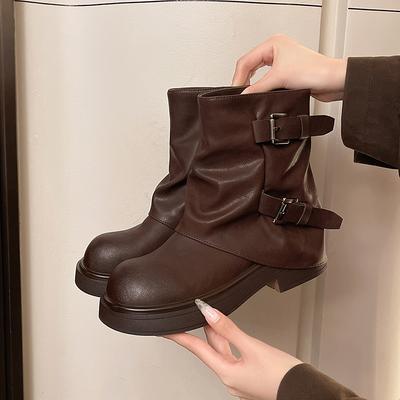 Модная Зимняя Мода Слипоны Женские Ботильоны Элегантная Пряжка на Заднем Ремне Низкий Каблук Обувь Кожаные Боты Zapatos De Mujer
