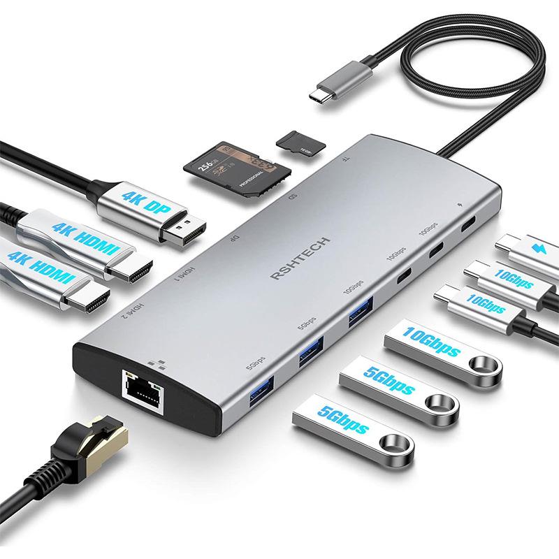 12-в-1 док-станция Type-C с двойным HDMI, DP, концентратором 3.0 и Ethernet RJ45 для тройного дисплея