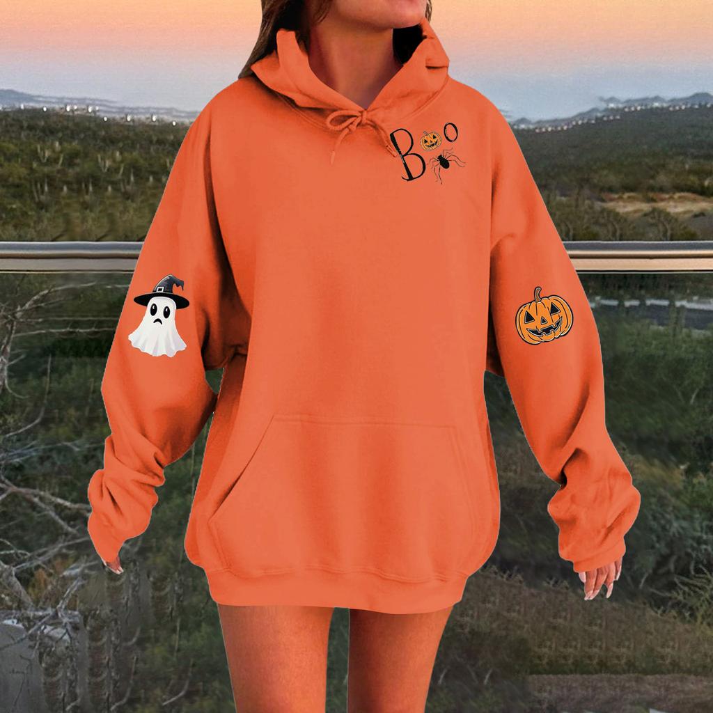 Женский однотонный пуловер с длинным рукавом, капюшоном и повседневным принтом на Хэллоуин