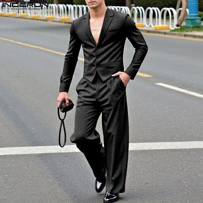 Мужской блейзер с лацканами и длинными рукавами, в полоску, укороченный, комплекты длинных костюмных брюк из двух предметов