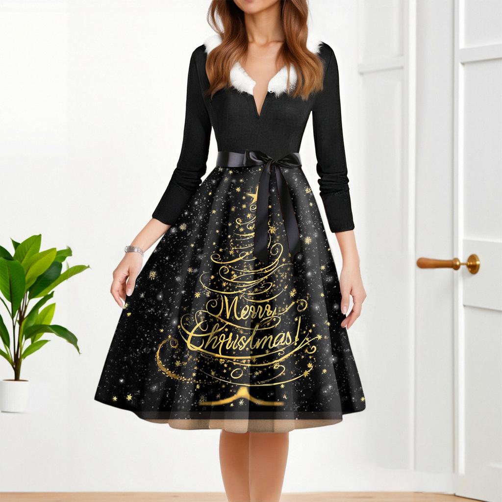 Женское модное повседневное платье приталенного кроя с круглым вырезом, рождественским принтом и длинными рукавами