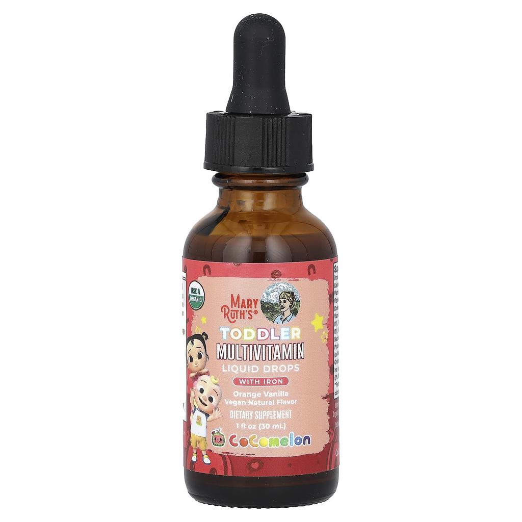 MaryRuth's, Cocomelon, Детские мультивитамины, Жидкие капли, с железом, Возраст 1-3 года, Апельсин-ваниль, 1 жидкая унция (30 мл)