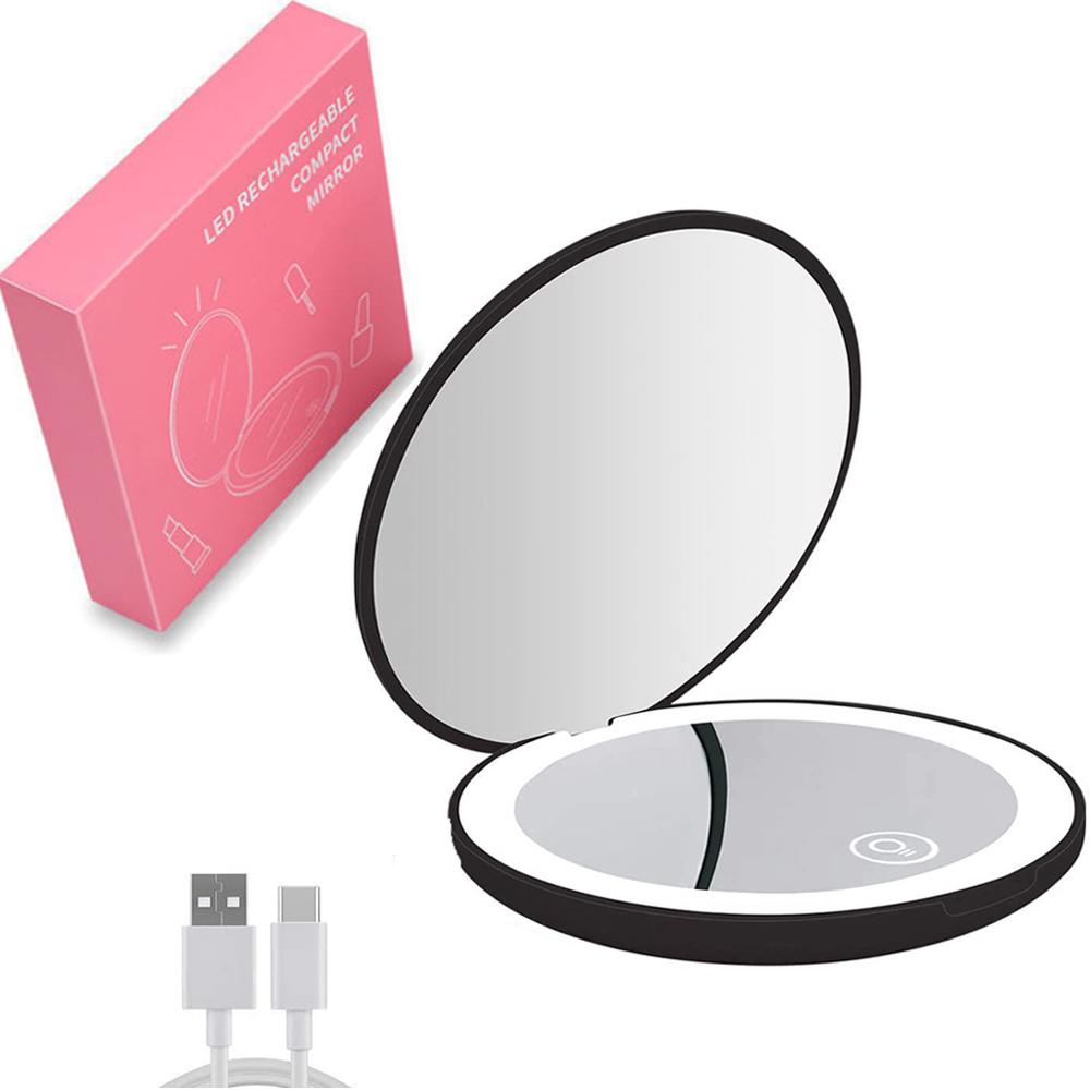 Мини-портативное складное дорожное зеркало со светодиодной подсветкой, компактное зеркало для макияжа, 10-кратное увеличение, двустороннее, круглое зеркало для макияжа