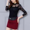 Women Bottoming Tops Stand Collar Long Sleeve Embroidery Lace Floral Pattern Pullover Tops Solid