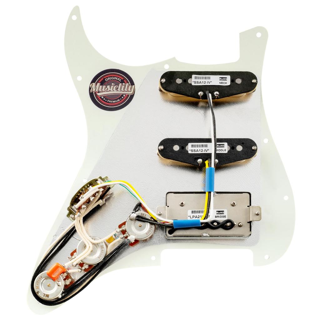 Musiclily Pro HSS ST Pickguard with Artec Alnico 5 Pickup Set for Strat Electric Aged White Pre-wired Guitar, 3-Piece