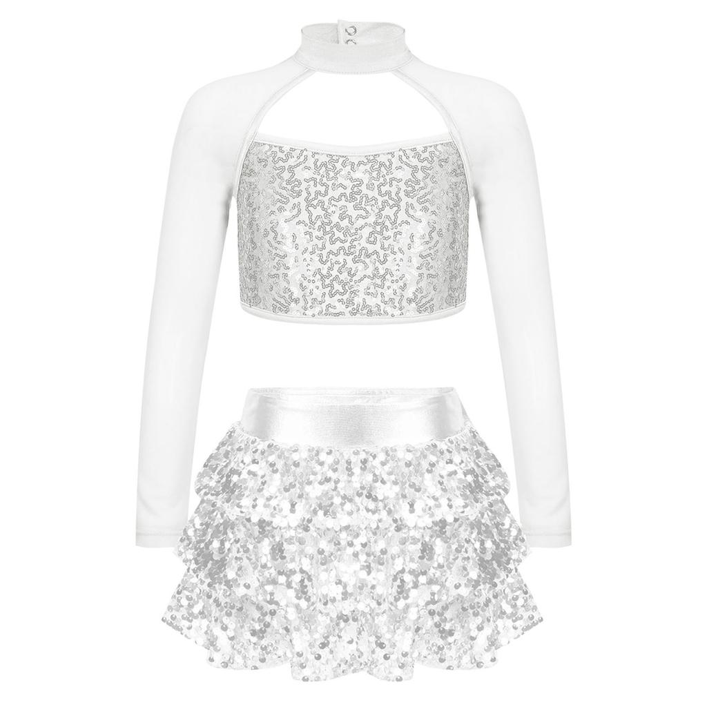 Детский наряд для танцевального выступления с блестящими пайетками для девочек, укороченный топ с длинными рукавами и вырезами, многоярусные шорты с юбкой с рюшами, шорты-кюлоты