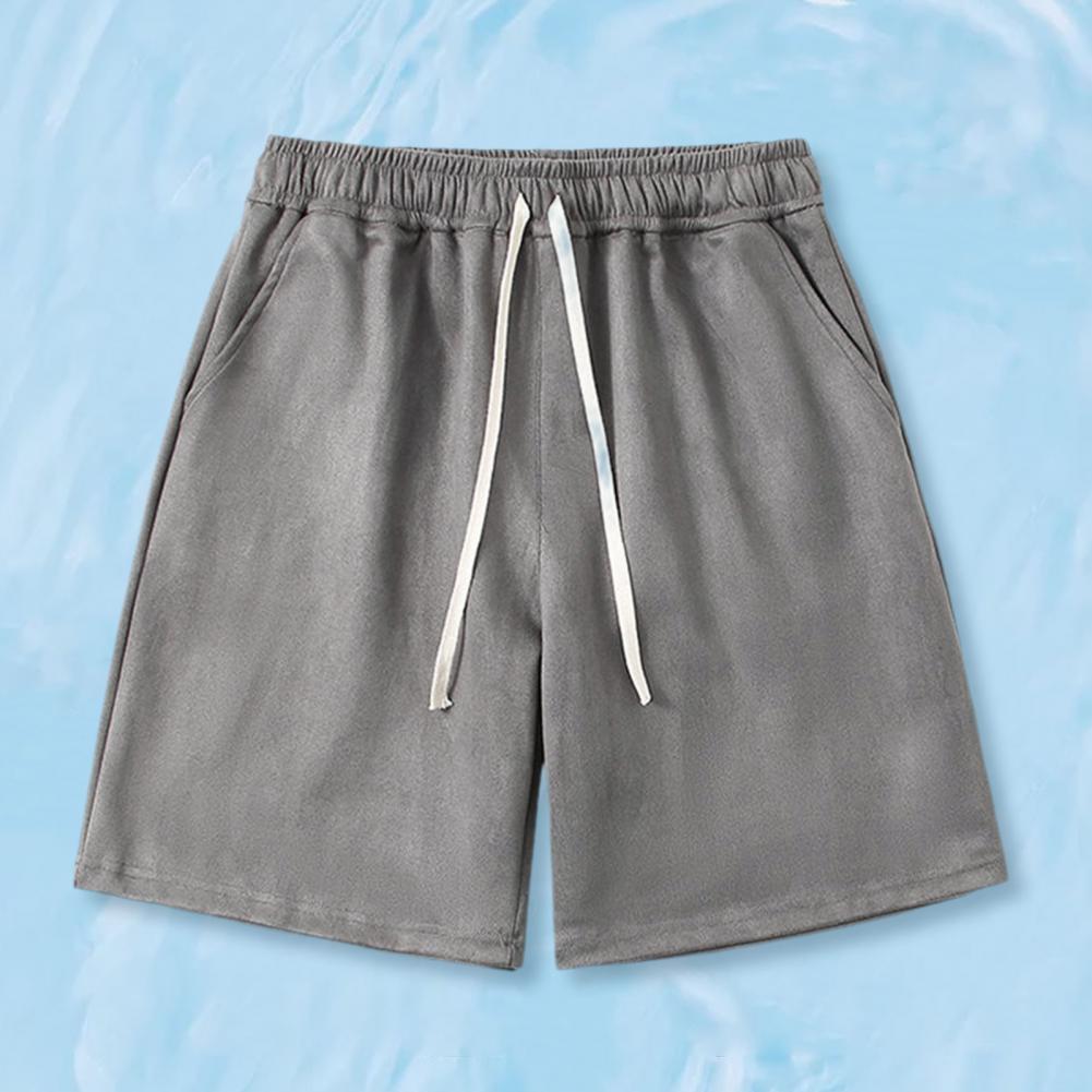 Men Summer Athletic Shorts Mid-rise Elastic Drawstring Waist Shorts Pockets Wide Leg Running Solid Color Suede Shorts