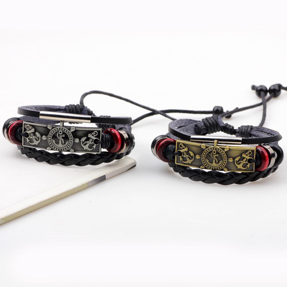 JMXD Винтажный плетеный браслет из натуральной кожи с подвесками в виде якоря и штурвала, ретро мужской модный аксессуар, эффектный браслет
