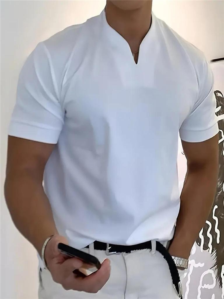 2025 Men's V-Neck Muscle Fit Sports T-Shirt - Elastic Short Sleeve Solid Color