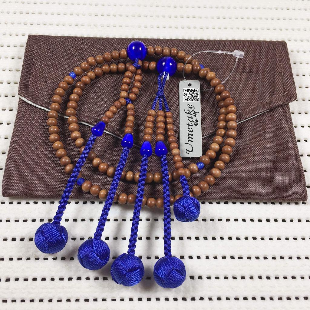 Umetake Soka prayer beads, 8-inch, made of jujube wood with blue cat's eye, blue Odamaki