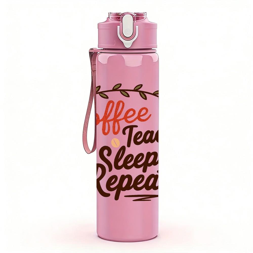 1PC Coffee Teach Sleep Repeat Letter 750ml Color Plastic Sports Water Bottle Leakproof Flip Straw Lid Suitable for Sports Office Home Use