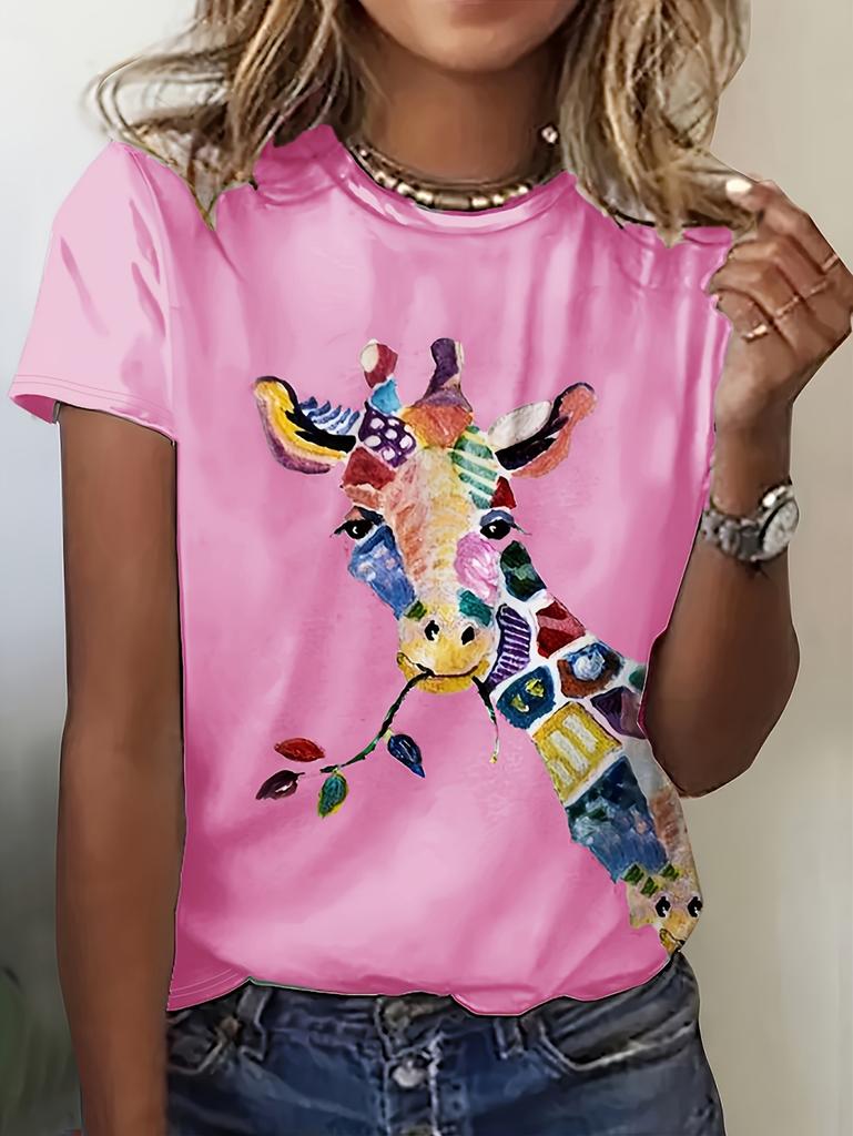 Women's Casual Short Sleeve T-Shirt Vibrant Giraffe Pattern Print Lightweight Summer Round Neck Tops Oversized Clothes for Woman