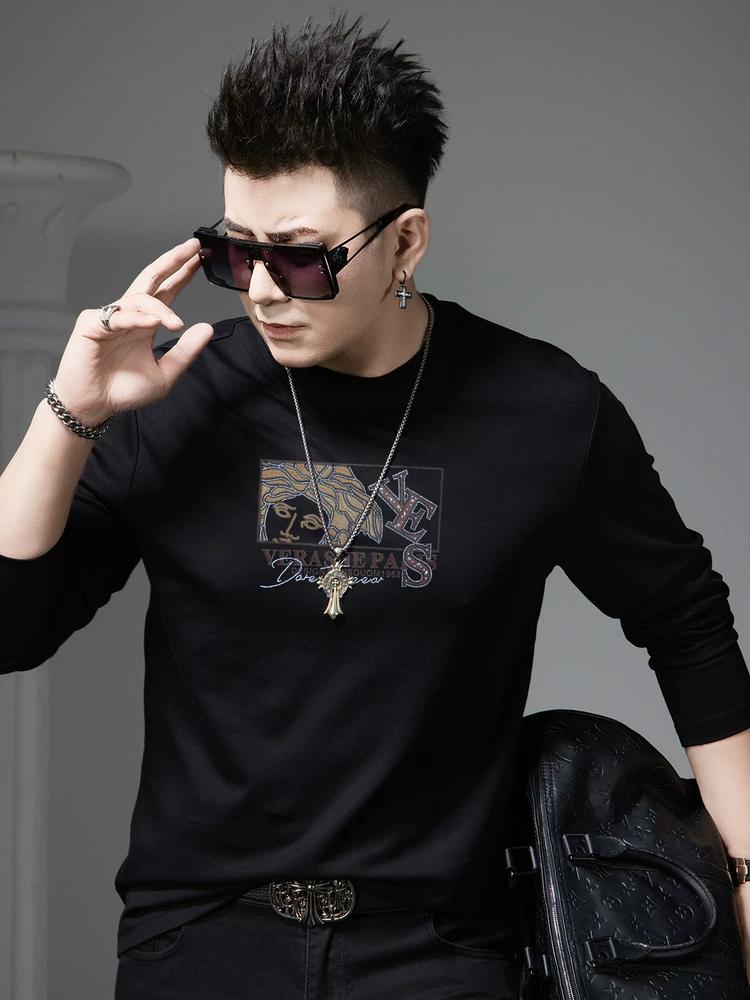 European Style Round Neck Long Sleeve T-Shirt for Men, 2025 Autumn New Trendy Printed Rhinestone Base Shirt Casual Top