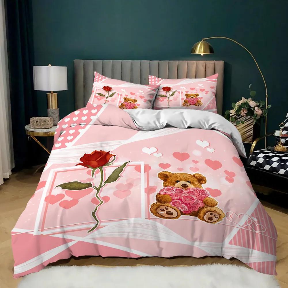 Comforter Love Heart Red Purple Rose Flower Bedding Set Comforter Valentine'S Day Present Couple Lover Bedroom