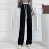 Summer Casual Pants Elastic High Waist Adjustable Drawstring Long Trousers Solid Color Pleated Straight Wide Leg Pants