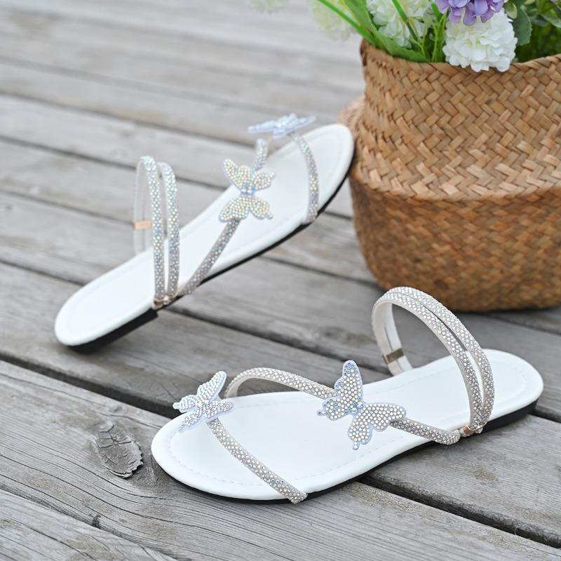 Fashion 2025 Summer New Women’s Plus Size Sandals Outdoor Round Toe Narrow Band Crystal Butterfly Slippers for Beach Daily Slippers