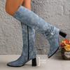 Мода Мода Супер Высокий Каблук Сапоги Женские 2025 Винтажный Острый Носок Черный Синий Сапоги До Середины Икры Женские Стразы Декор Botas Lady