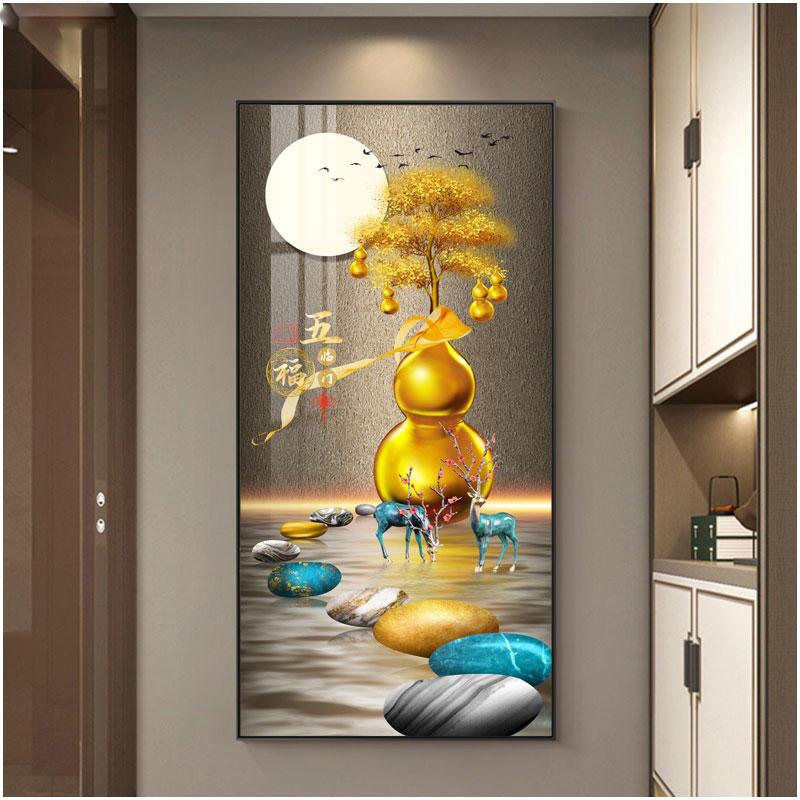 Abstract Fengshui Golden Zen Stone Canvas Painting Golden Moon Deer Wall Art Rich Tree Posters for Porch Wall Decor No Frame