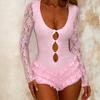 2024 Новый осенний сладкий розовый с оборками, длинными рукавами, ажурным кружевом, цельный укороченный пуловер с открытой спиной и V-образным вырезом Y2K