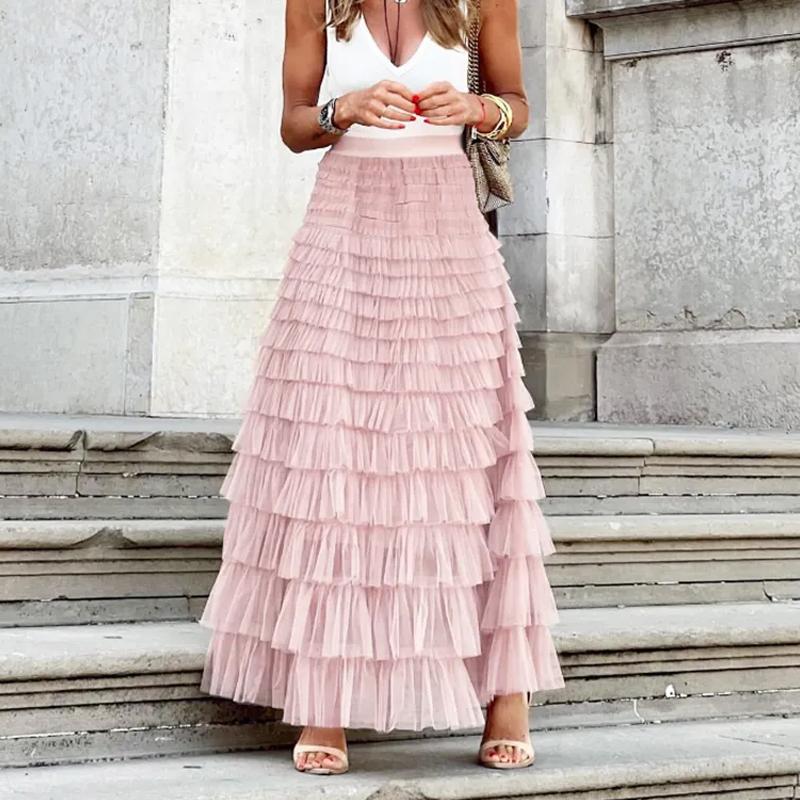 Женские плиссированные длинные юбки с оборками, дизайнерские элегантные сексуальные сетчатые кружевные свободные юбки, однотонная сетчатая лоскутная марлевая вечерние наряд