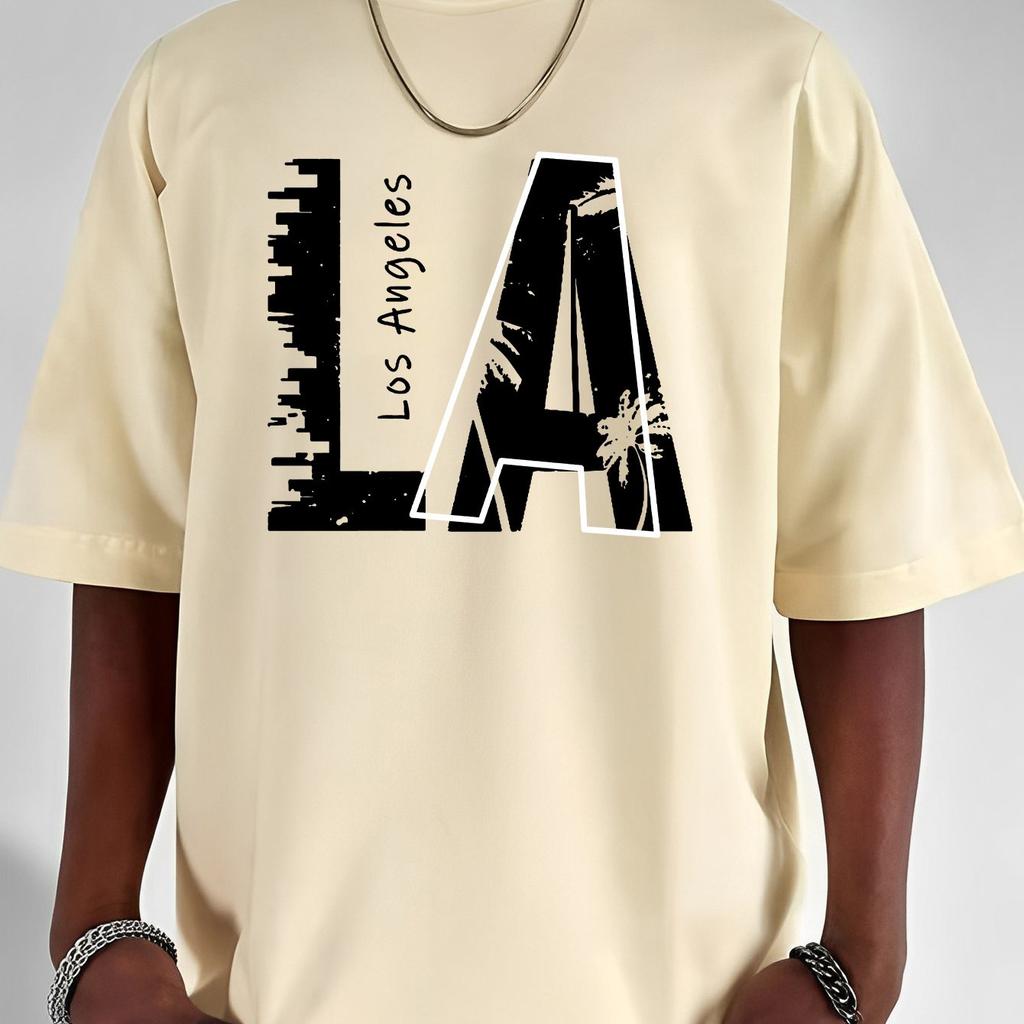 Men's Summer 100 Cotton Fashionable Casual Loose Plus Size Los Angeles Letter Print Sports Round Neck Short Sleeved T-shirt Moto