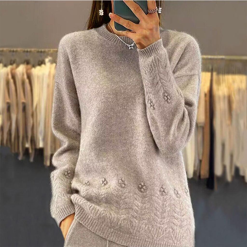 Women's Fashion Casual Solid Color Round Neck Long Sleeve Sweater Top