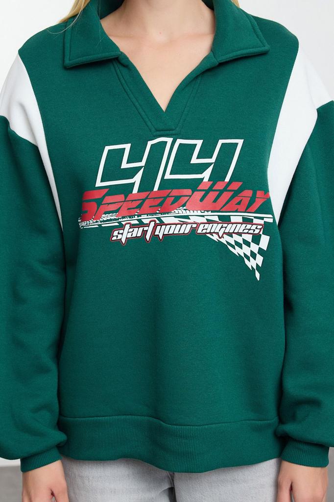 Женская модная стильная толстовка изумрудно-зеленого цвета, толстая внутри из флиса, свободный размер, широкий крой, вязаный свитшот с вырезом поло