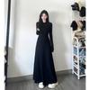 Hepburn-Style Black Long-Sleeve Dress: Elegant French Design for Women - Early Autumn, Flattering Waist-Cinch