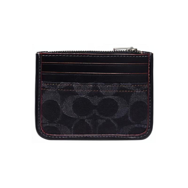 COACH Card Case 11 Classic Presbyopia Zipper Closure Denim and Calfskin Card Holder Card Holder Women's Black