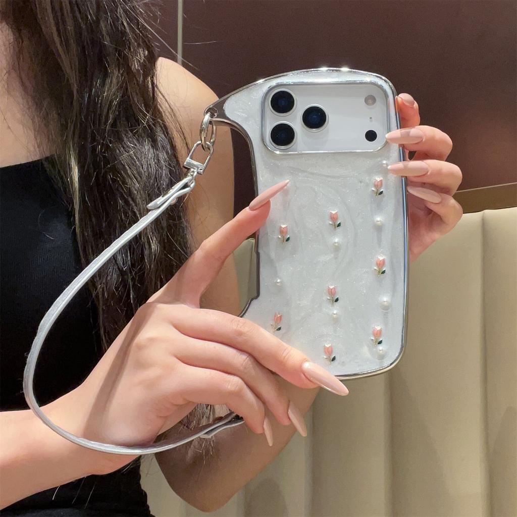 Elegant Pink Rose Pearl Shoulder Phone Case for iPhone 12-17 Series — Adjustable Strap, Mirror Metallic Frame