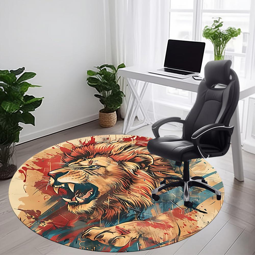 1PC Lion Roar Office Round Area Rug, Mat Suitable ForOffice, Under Office Chairs Bedroom Living Room Home Decor, Room Deco