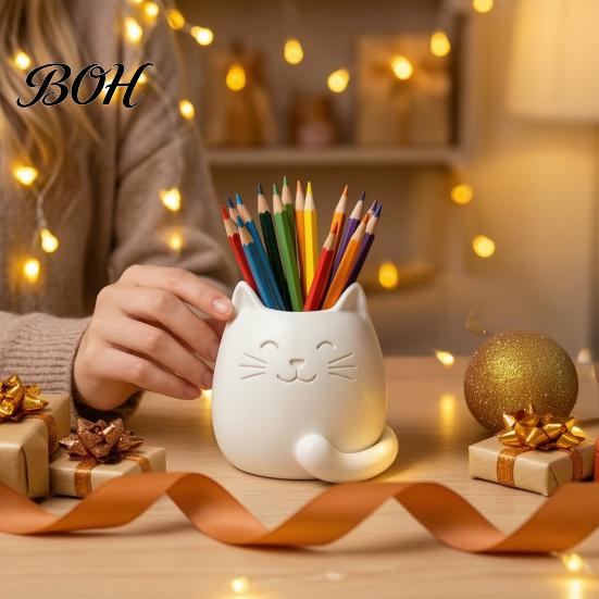 Odorless Pen Container Holder, Cartoon Cat Shape Desk Organizer, Smooth Surface Decorative Non-toxic Accessory Stationery Holder for Pencils Gel Pens