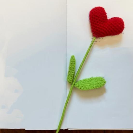 Crochet Heart Picks Handmade Knit Red Heart Bouquet with Green Leaves Valentine's Day Vase Filler for Table Centerpiece Home Decor