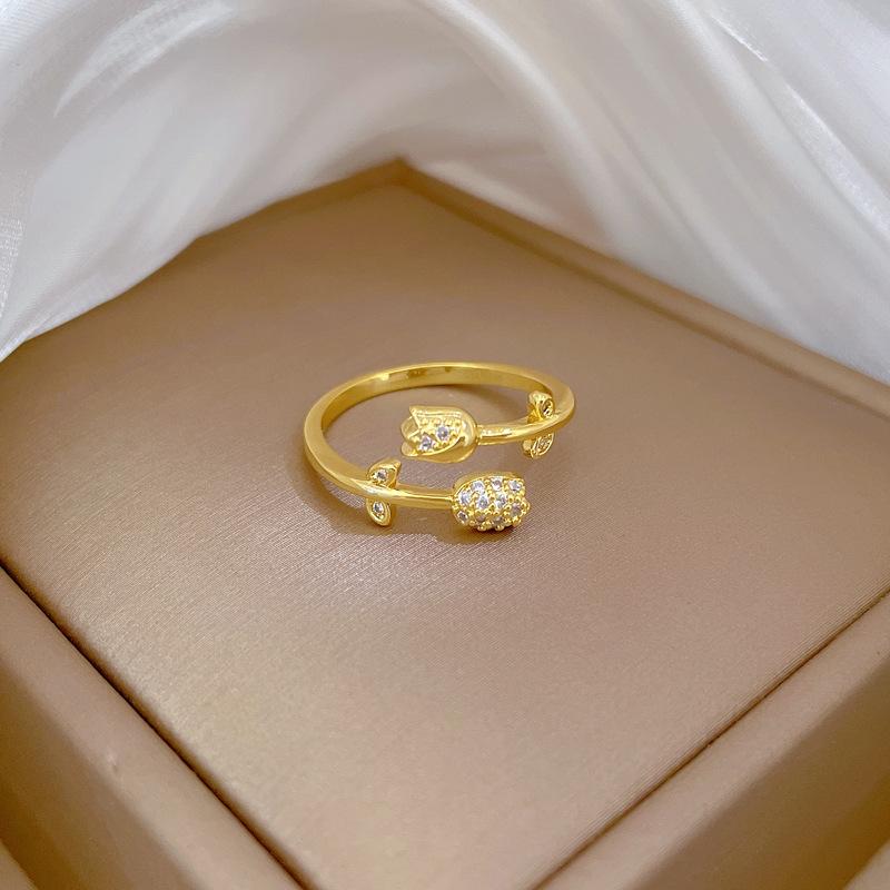 Кольцо из настоящего золота с розой и бриллиантами, открытое, регулируемое, простое украшение, японское кольцо, парное кольцо