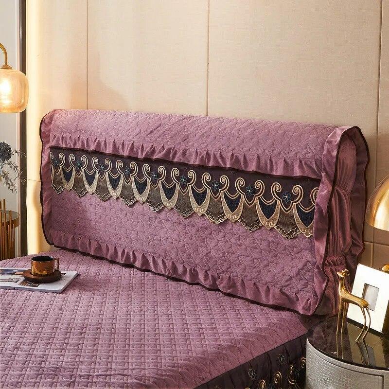 Lace Headboard Cover for Queen Bed Plush Velvet Double Size King Quilted Anti-collision Full Coverage Back Protector with Pocket