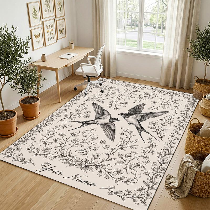 Birds Floral Theme Soft Crystal Velvet Rug Custom Name & Text Print Non Slip Floor Rug for Bedroom Living Room