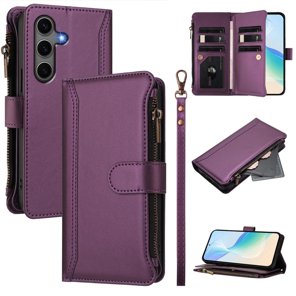 For Samsung Galaxy S24+/Galaxy S25+ Leather Case 9 Card Slots Zipper Wallet Stand Phone Cover with Wrist Strap