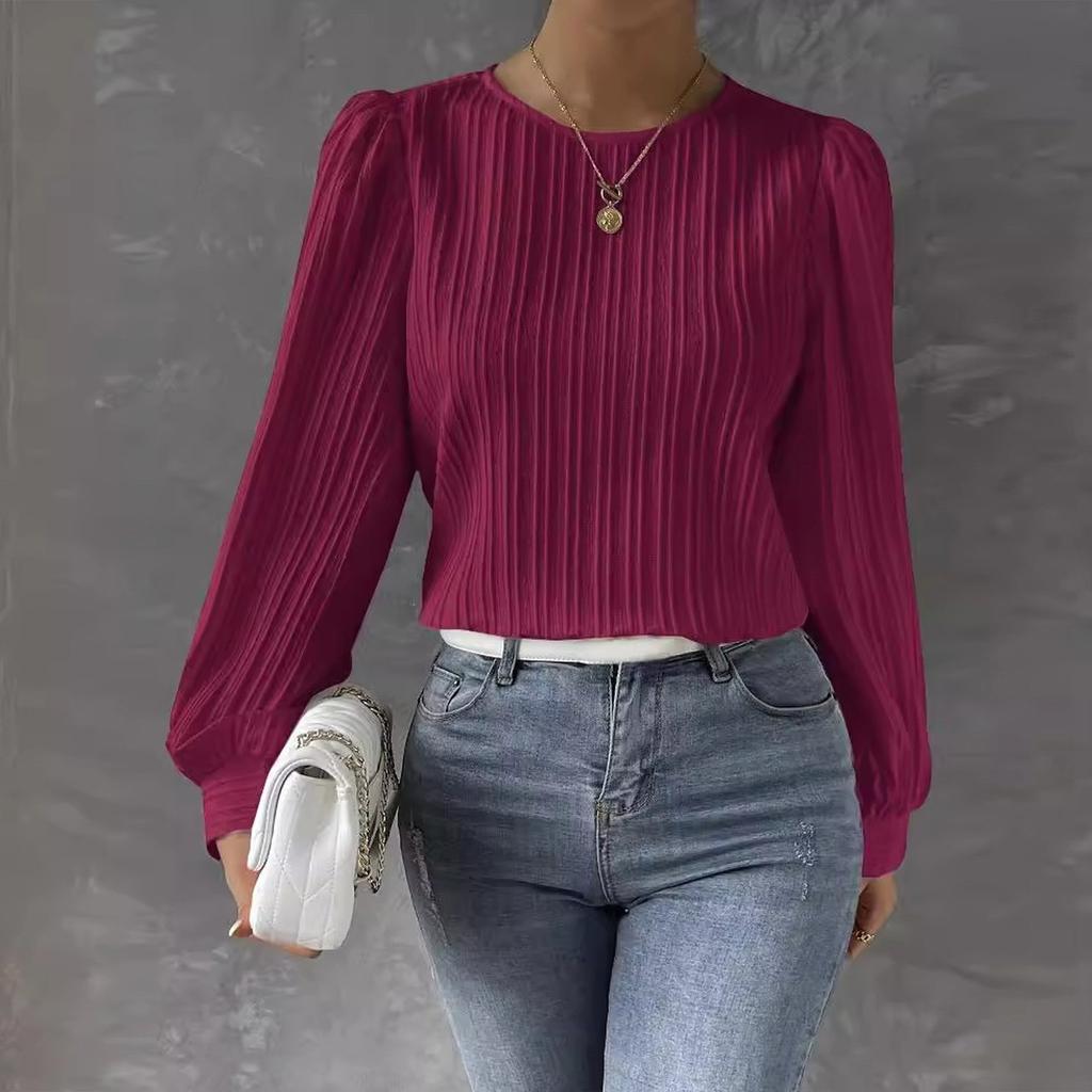 Women's Fashionable Round Neck Long Sleeved Solid Color Loose Shirt Top