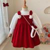 Autumn and Winter Girls Fleece-lined Base Shirt and Princess Dress Two-piece Set