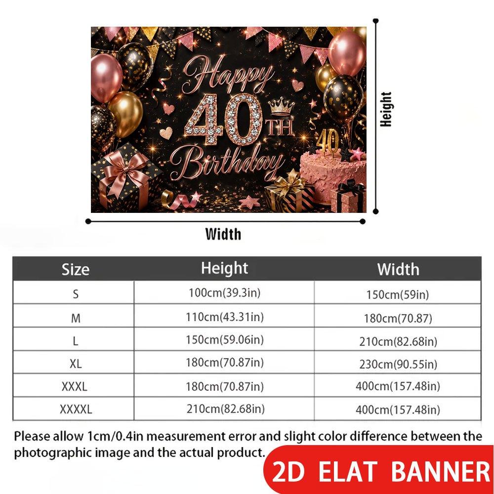 2D Flat Banner, 40th Birthday Backdrop, Balloons, Gift Boxes, Cakes, Polyester