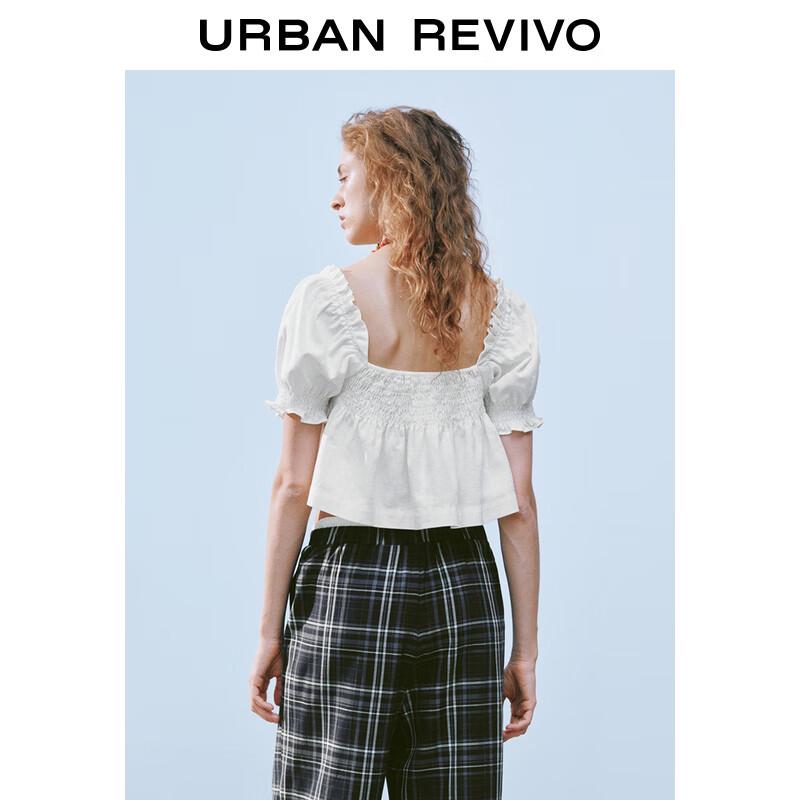 UR Women's Ruffle Trim Smocked Short Sleeve Linen Blouse