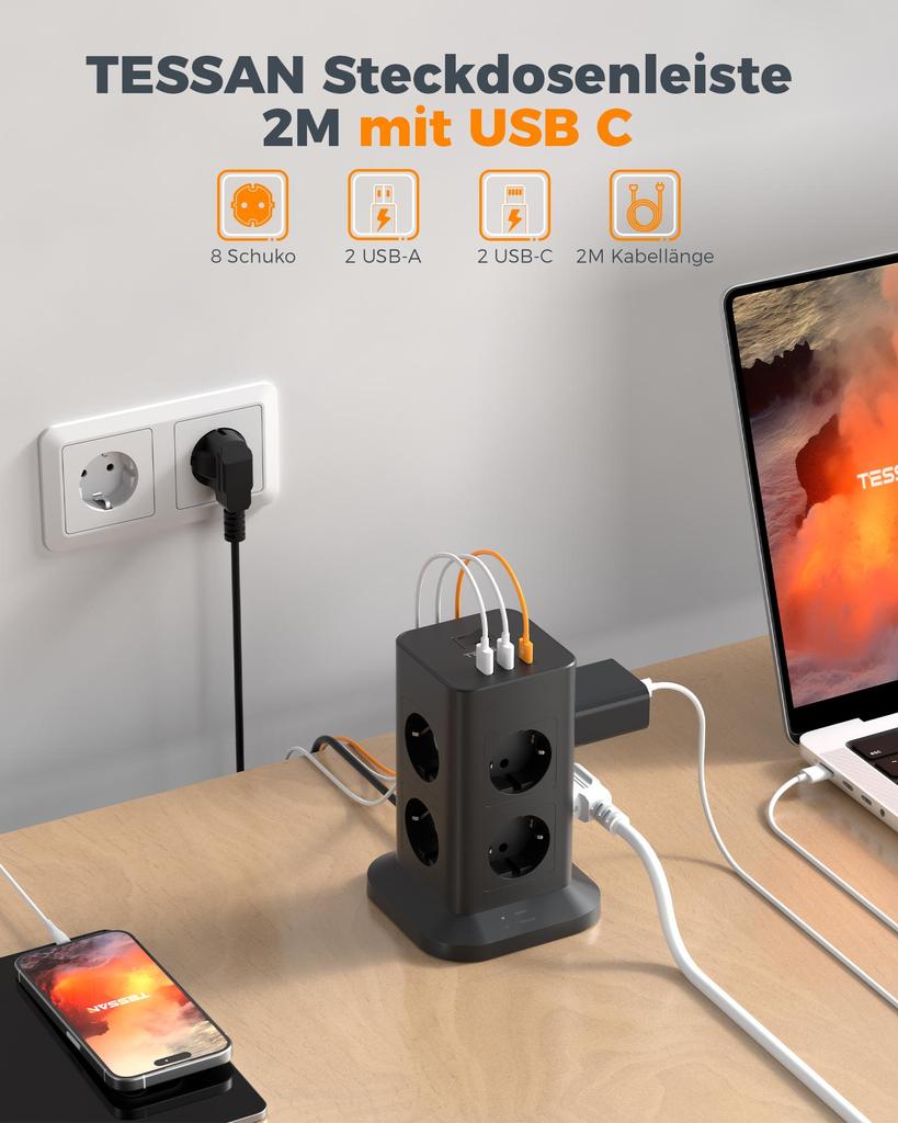 Tessan Сетевой фильтр Tower с удлинителем USB 2M, черный вертикальный сетевой фильтр Tower с защитой от перенапряжения, розетка EU Plug Tower