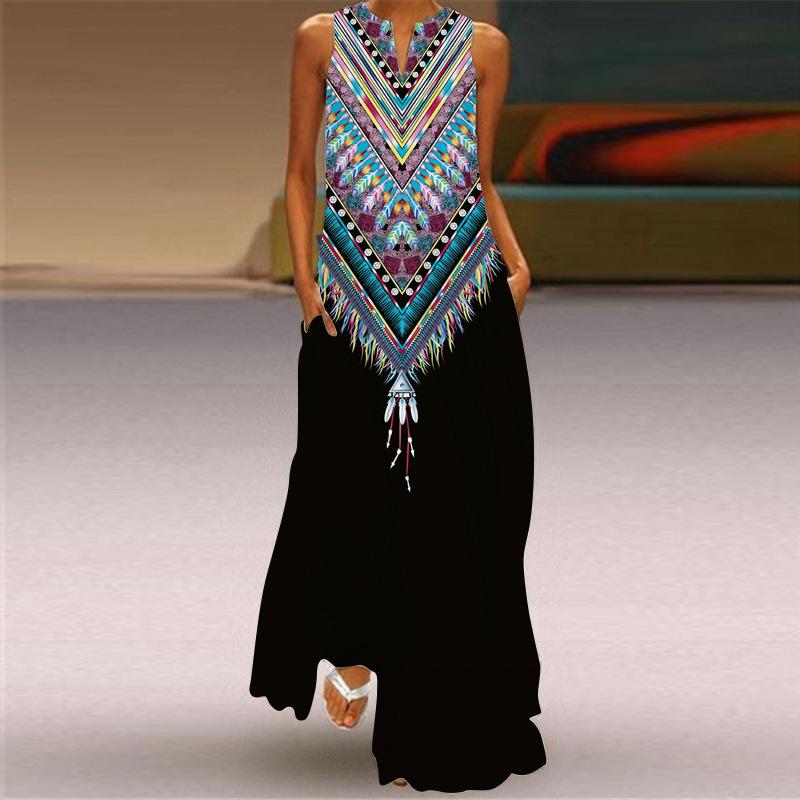 IHUASU Summer Spring Print Vintage Print Long Skirt V-neck Multi-color Sexy Sleeveless Dress