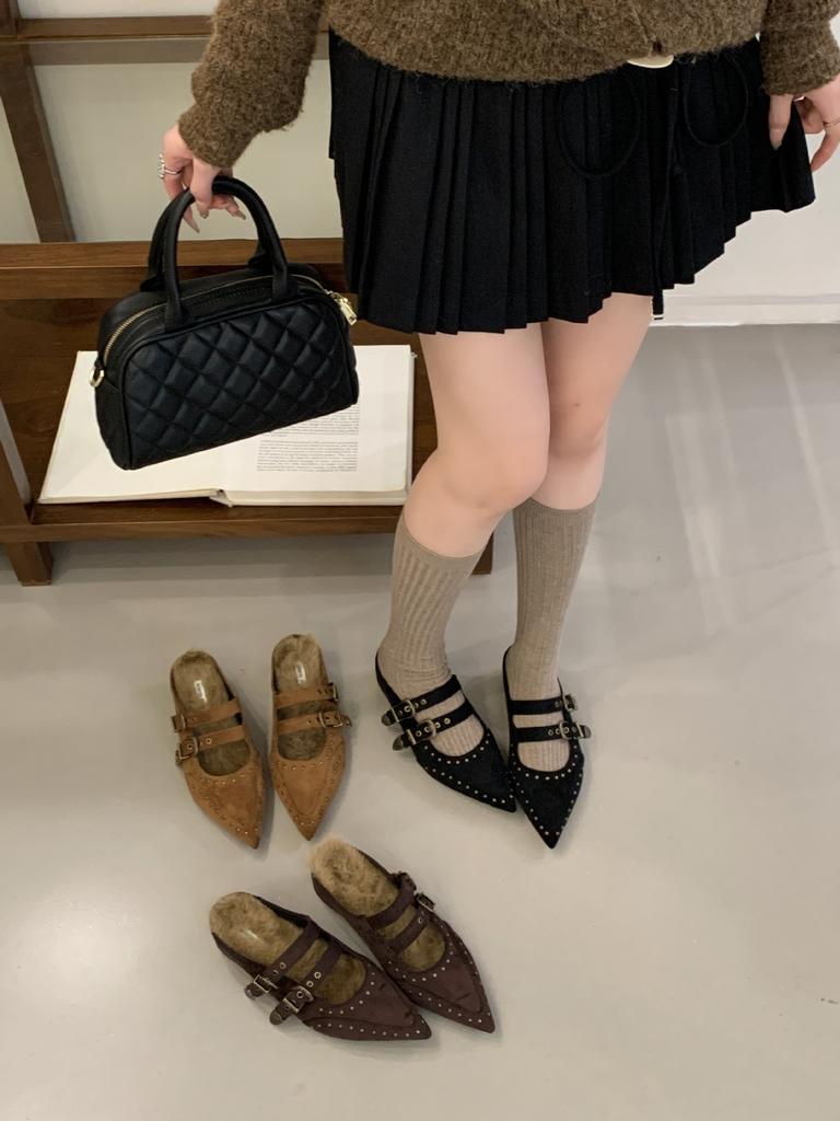 Туфли Мэри Джейн на скрытой платформе женские 2025 осень и зима новые заклепки с острым носком модные шлепанцы