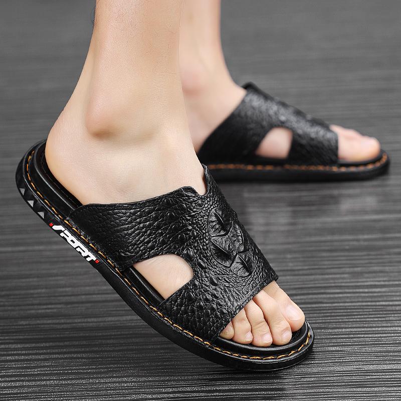 Genuine Leather Men Slippers Handmade Flip Flops Crocodile Grain Style Summer Men Casual Shoes Non-slip Outdoor Men Beach Shoes