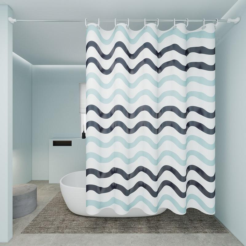 Wave Pattern Shower Curtain Blue And Gray Stripes Bathroom Decor Waterproof Fabric Curtains For Modern Coastal Bathrooms
