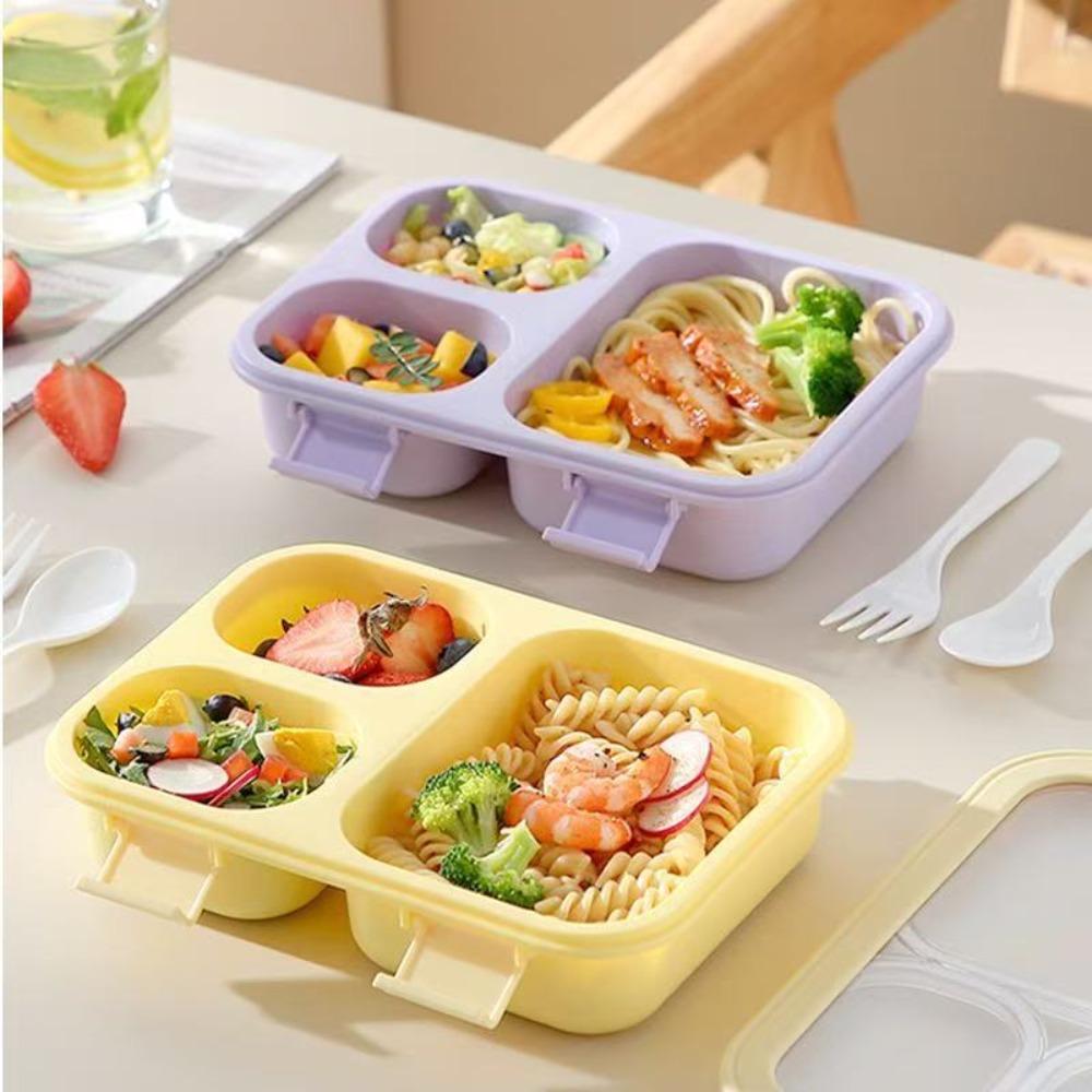 С посудой Ланч-бокс макаронного цвета с отделением для посуды Контейнер для еды для кемпинга Герметичный пластиковый ланч-бокс на 3 отделения Пикник