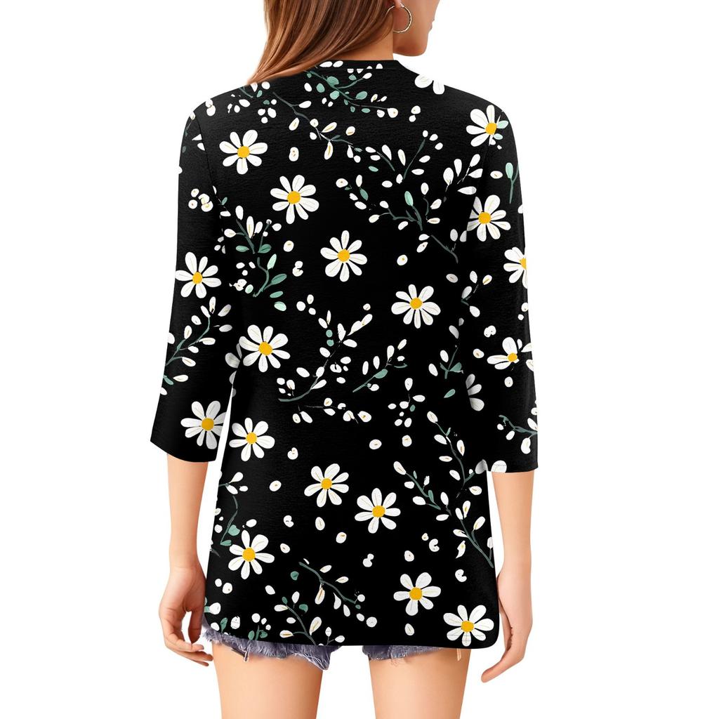 Женский модный повседневный пуловер с рукавом 3/4, принтом на пуговицах и V-образным вырезом