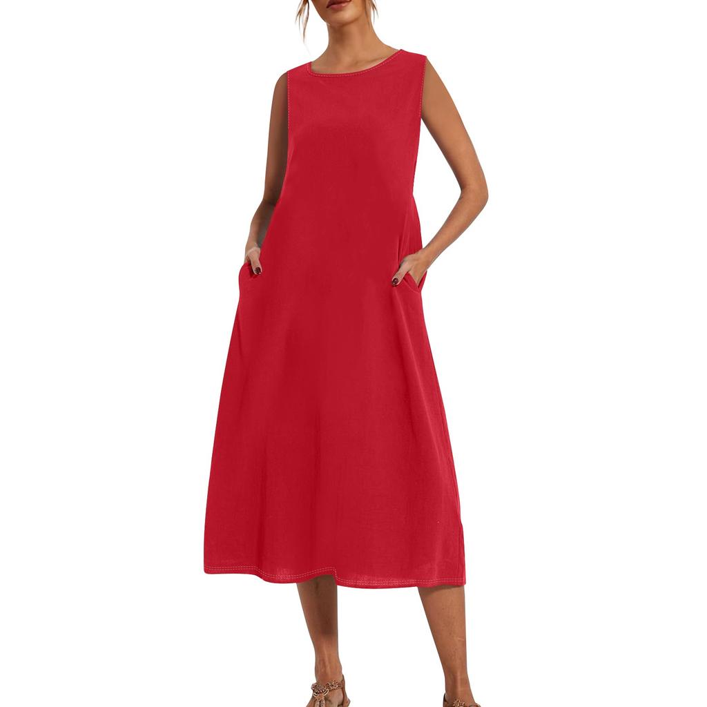 Женское модное летнее однотонное свободное платье без рукавов свободного кроя средней длины