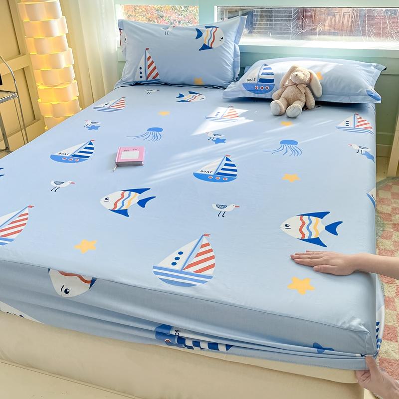 Cartoon Style Ocean Fish Pattern Fitted Sheet Set Sailboat Print 100% Cotton Mattress Protector for Kids Boys Girls Bedding Set